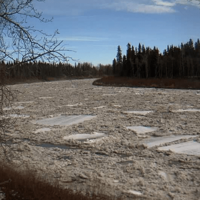 The view from a hydro gauge near the town of Hay River on April 29, 2025. GNWT/Water Survey of Canada